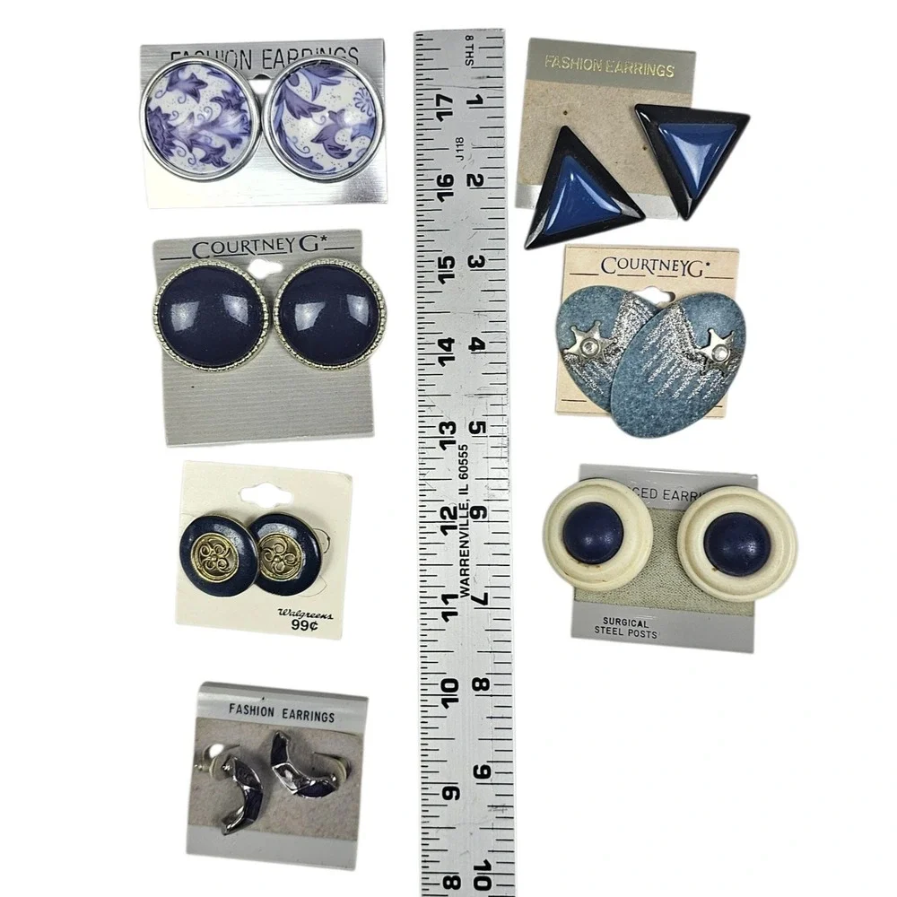 Vintage Earrings Lot 7 Pairs Navy Blue‎ Silver Courtney G Retro Studs Hoops NEW